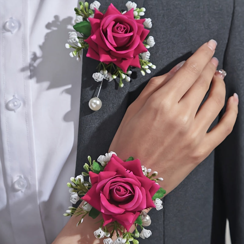 2pcs Elegant Rose Corsage and Wrist Flower Set in Polyester Fiber for School Events, Parties, Weddings Decorations