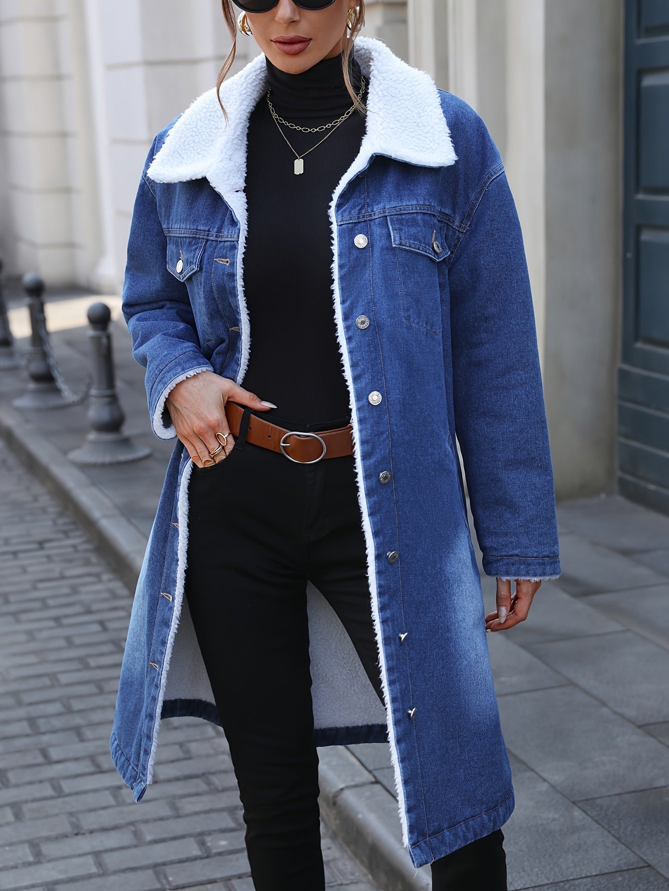 Morin Elegant Mid-Length Denim Jacket with Faux Fur Trim - Women's Winter Loose Fit, Button-Up, Long Sleeve, Flap Pocket Coat, Machine Washable, Cotton/Polyester Blend