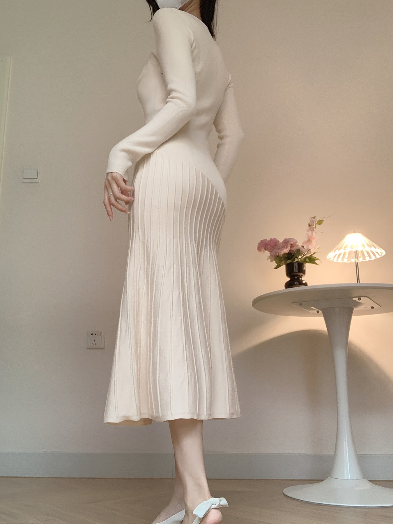 Long Sleeve V-Neck Knit Dress, Polyester, Polyamide, Viscose Blend, Middle Eastern Style, Autumn/Winter, Floor-Length, A-Line, Hand Wash Or Dry Clean