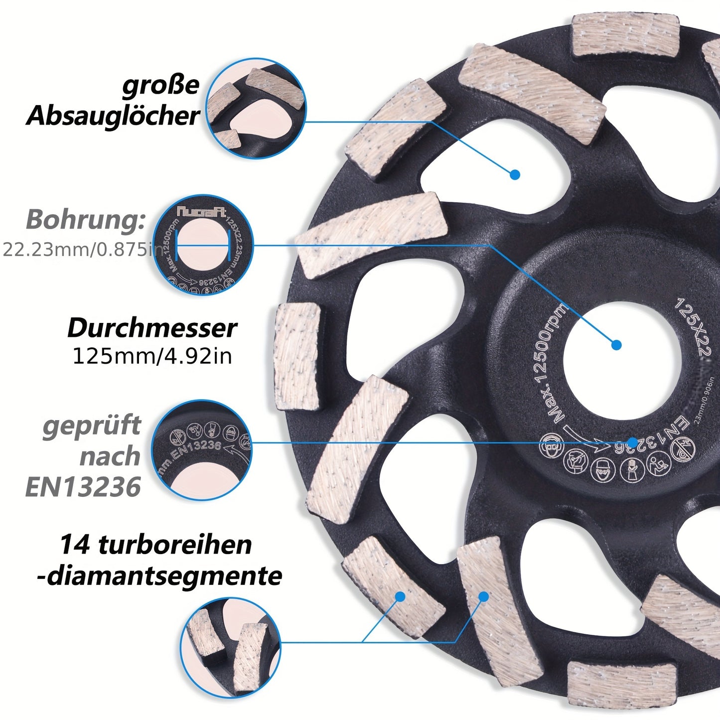 Effortless, Premium Diamond Grinding Wheel, 125mm - Medium Grit, Polymer Backed, Metal Construction for Home DIY Projects