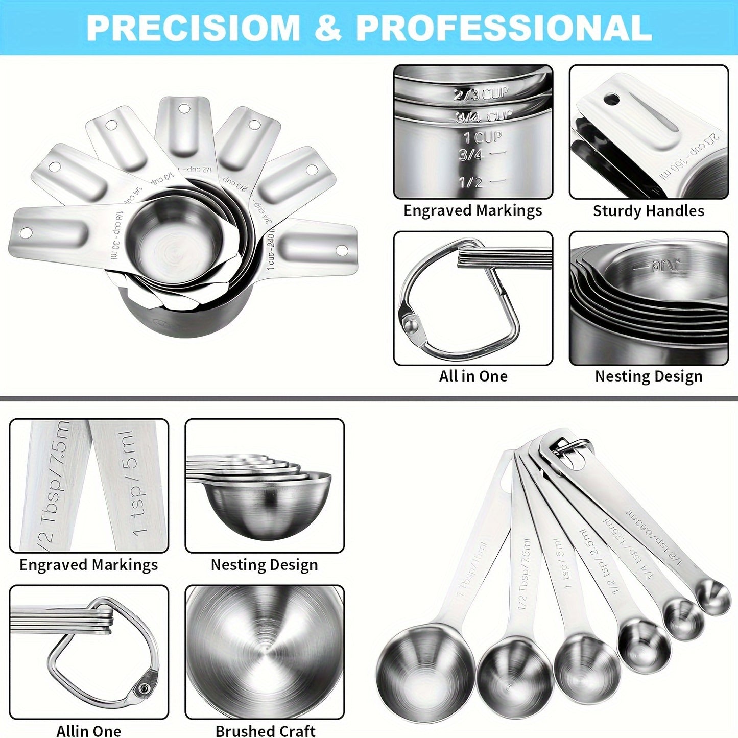 20pcs/set, Measuring Cups And Spoons Set, Stainless Steel Measuring Cups And Spoons Set, Including Stackable Measuring Cup And Measuring Spoons, 1 Leveler For Dry And Liquid Ingredients, Baking Tools, Kitchen Stuff