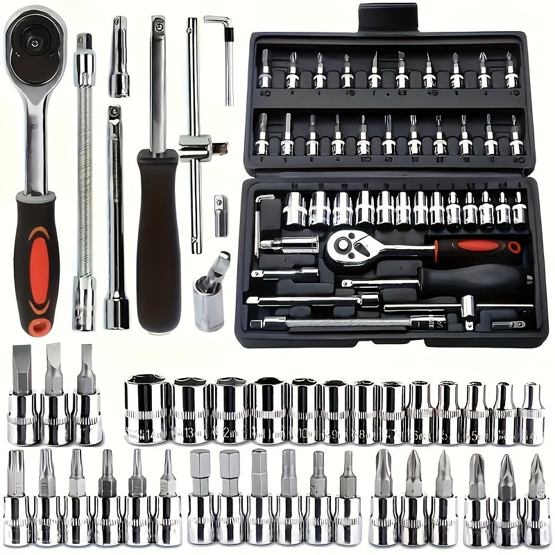 216/46pcs High Quality Multifunctional Heat Treated Chrome Vanadium Steel Ultimate Car Mechanic Tool Set, Premium Torque Wrench Set, Ultra Portable, Integrated Solution for Car, Bike And Motorcycle Maintenance