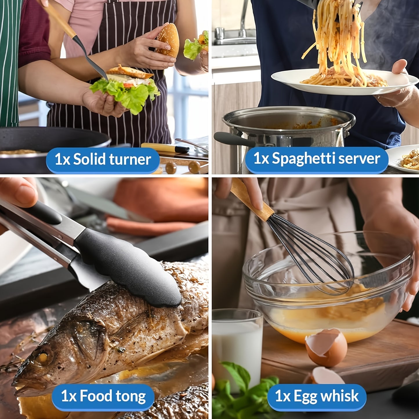 Kitchen Utensils Set- 46 pcs Cooking Utensils with Tongs, Spoon, Meat Chopper, Spatula & Opener Made of Heat-Resistant Food Grade Silicone and Wooden Handles Kitchen Gadgets Tools Set for Nonstick Cookware, With hooks