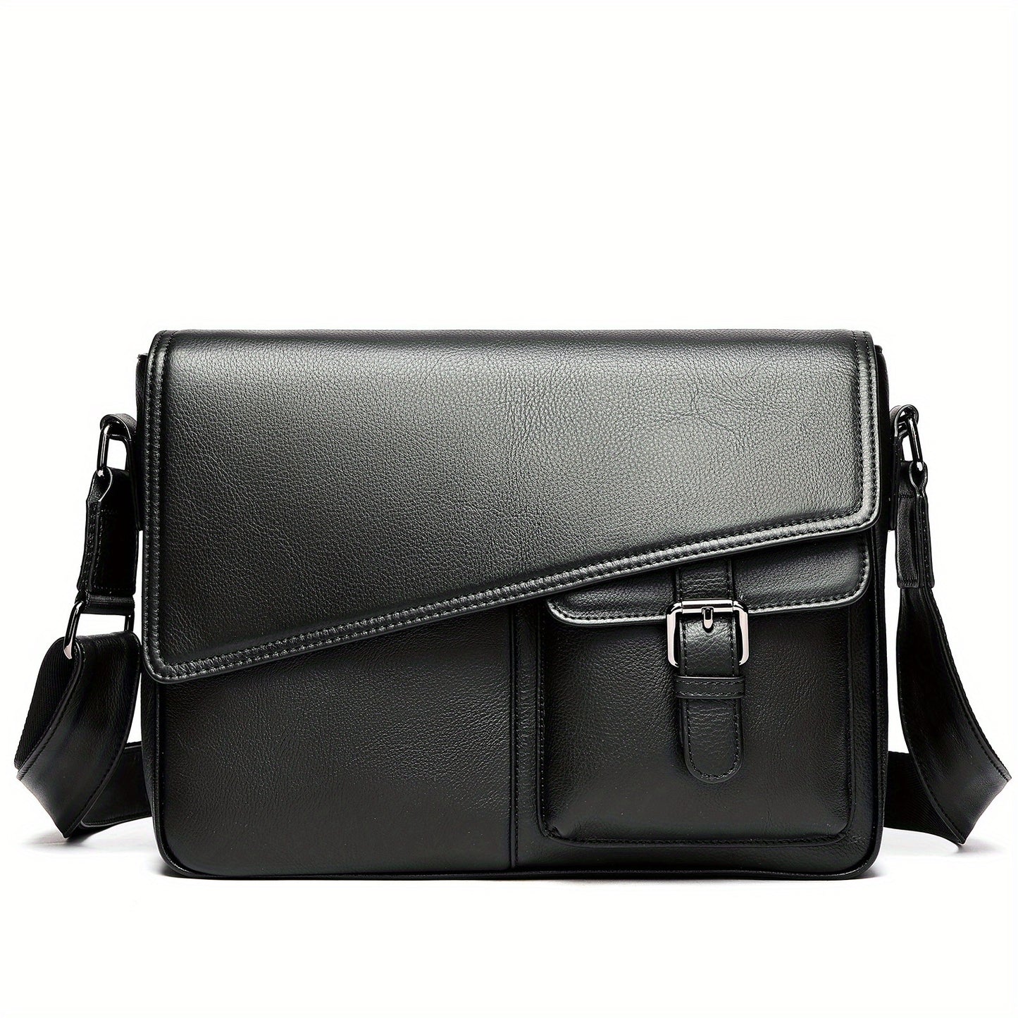 Genuine Leather Unisex Crossbody Messenger Bag - Sleek Minimalist Design with Adjustable Strap, Multiple Compartments & Metal Hardware, Black for Men & Women, Casual & Professional Use, Versatile Travel Purse | Korean Fashion