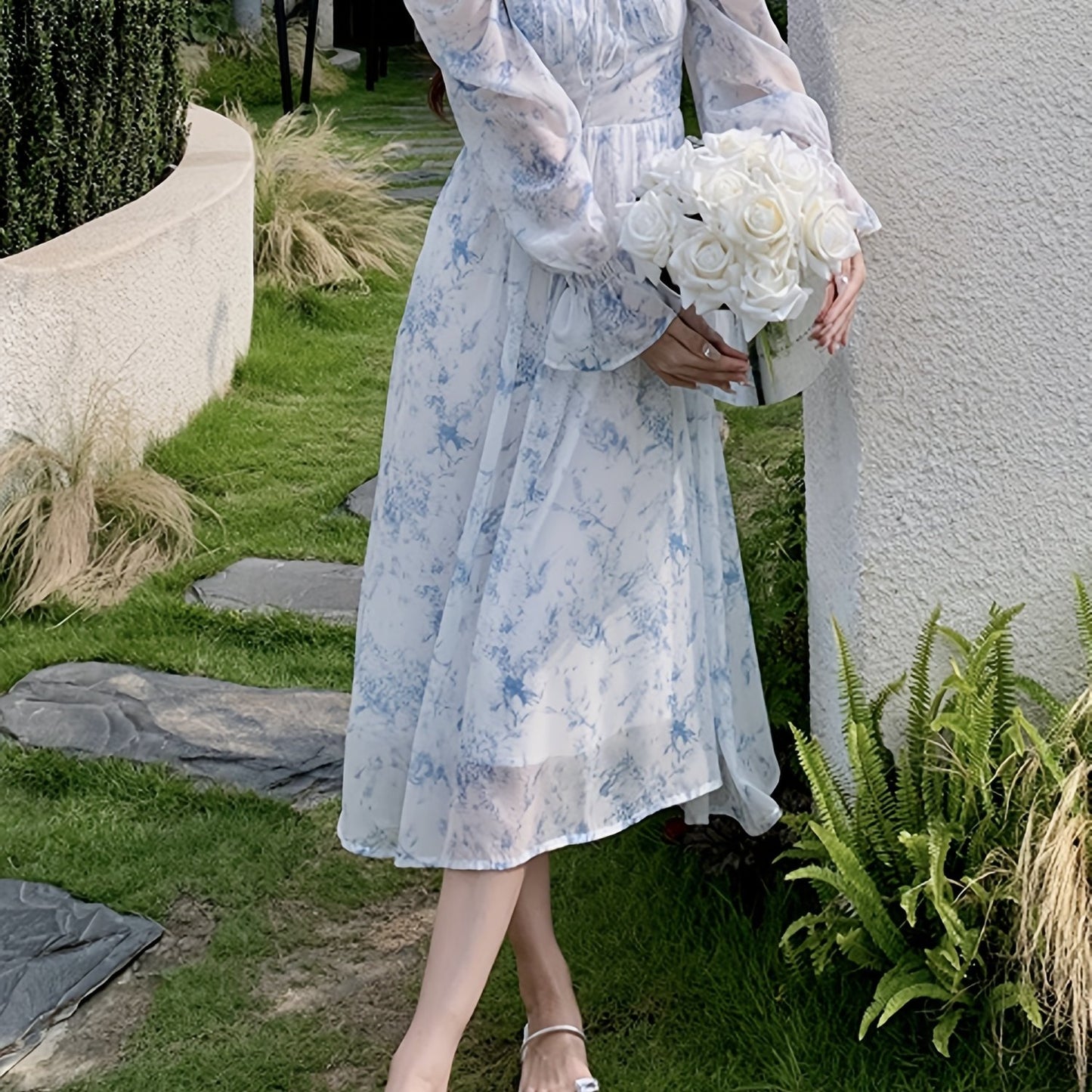 Elegant Floral Chiffon Midi Dress with Bell Sleeves - Square Neck, Long Sleeve, Lightweight, All-Season Wear for Women, Long Sleeve Dress