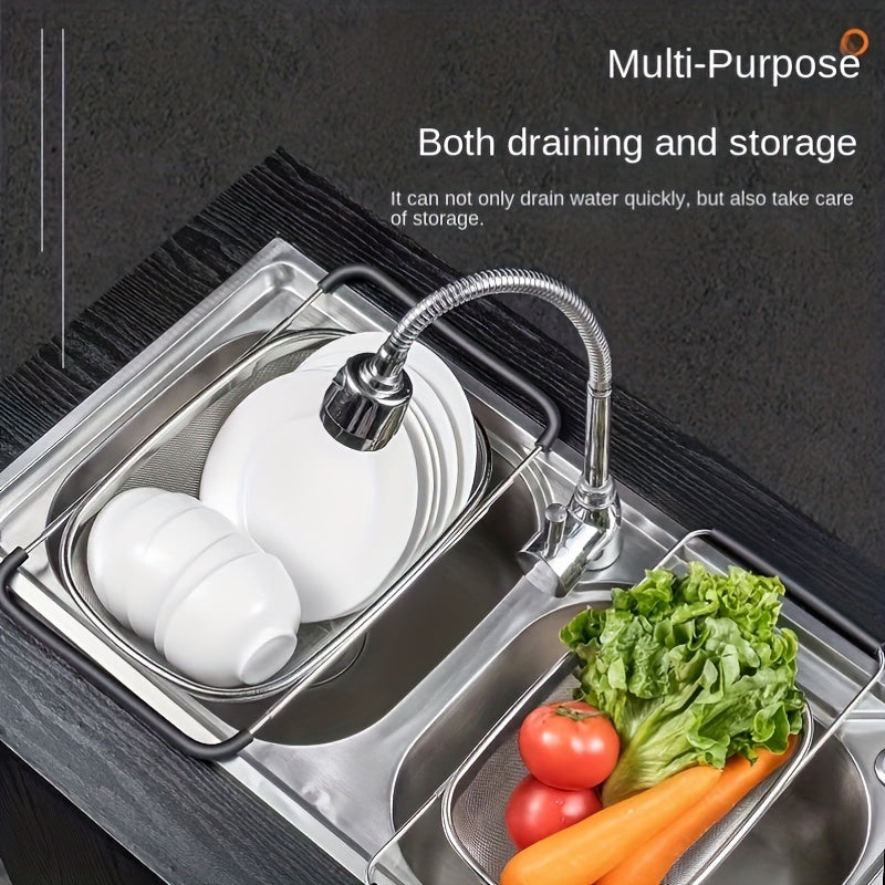 1pc Adjustable Stainless Steel Sink Colander - Multifunctional Vegetable and Fruit Washing Basket with Drain Rack, Strainer, and Kitchen Accessories - Space-Saving, Easy to Clean, and Durable Kitchen Gadget