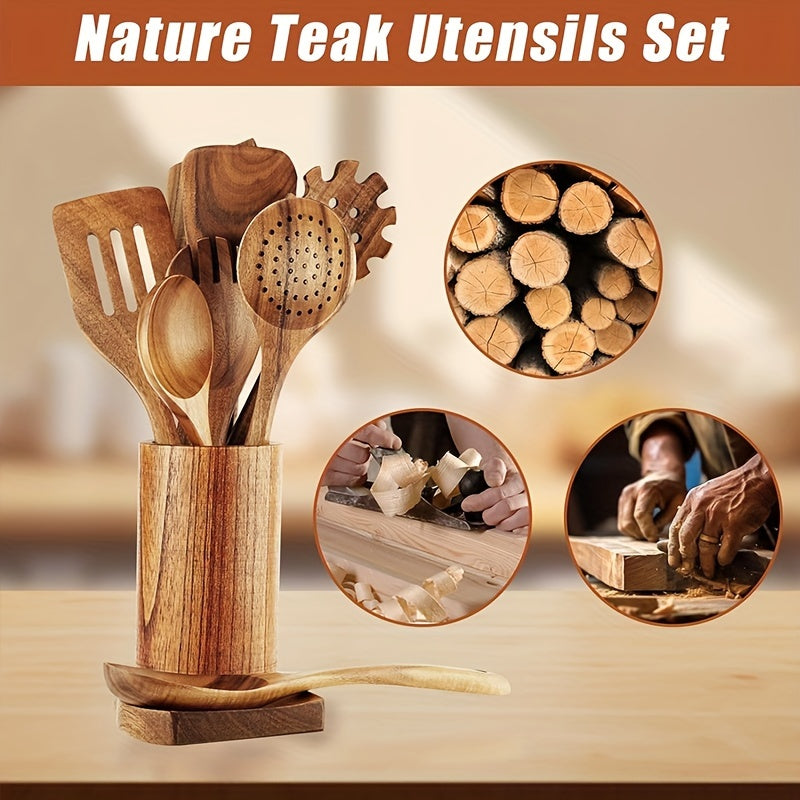 Wooden Spoons for Cooking Wooden Utensils for Cooking Set with Hold Spoon Rest and Hooks Teak Wood Nonstick Kitchen Cookware Durable Set of 8pcs