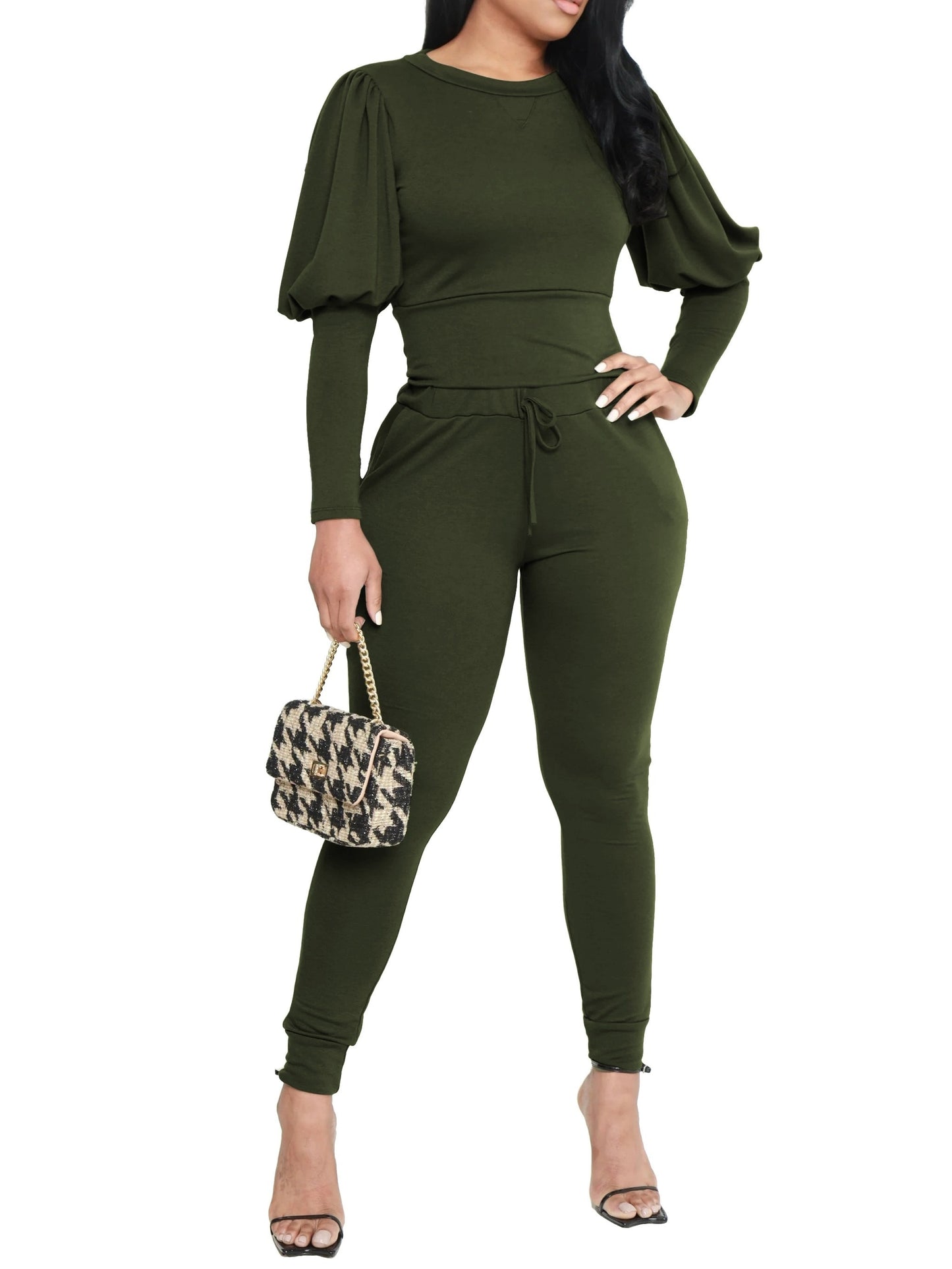 3370 Women's Two-Piece Set with Fluffy Sleeve Top and Jogging Pants, Fashionable Sporty Outfit