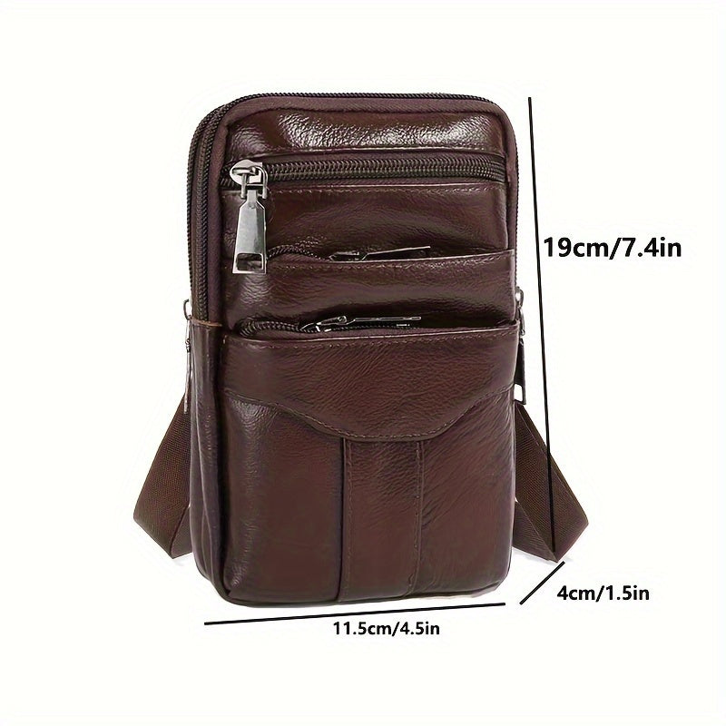 Men's Genuine Leather Crossbody Phone Holster - Brown Waist Pack with Multiple Zipped Pockets, Adjustable Strap & Headphone Hole for Casual Outings