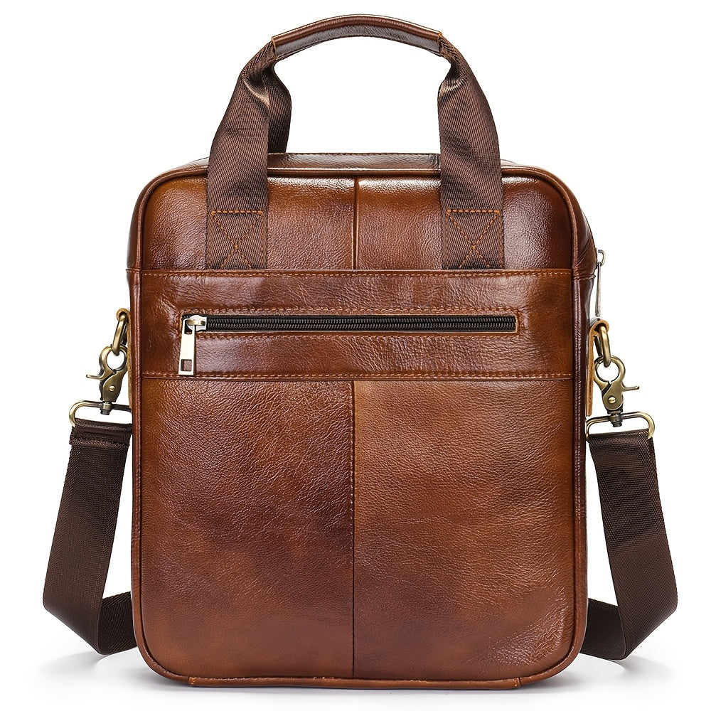 Men's Genuine Leather Messenger Bag - Adjustable Crossbody & Shoulder Handbag for Travel, Work, and Business - Brown, Large Capacity with Multiple Compartments, Durable Cowhide Leather, Smooth Zippers, Detachable Strap, Carry
