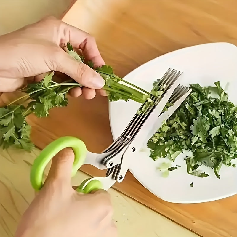 1/2pcs 5-Layered Stainless Steel Kitchen Scissors - Versatile Onion & Herb Shredder for BBQ & Indoor Use - Durable, Safe with Protective Cover & Built-in Cleaner