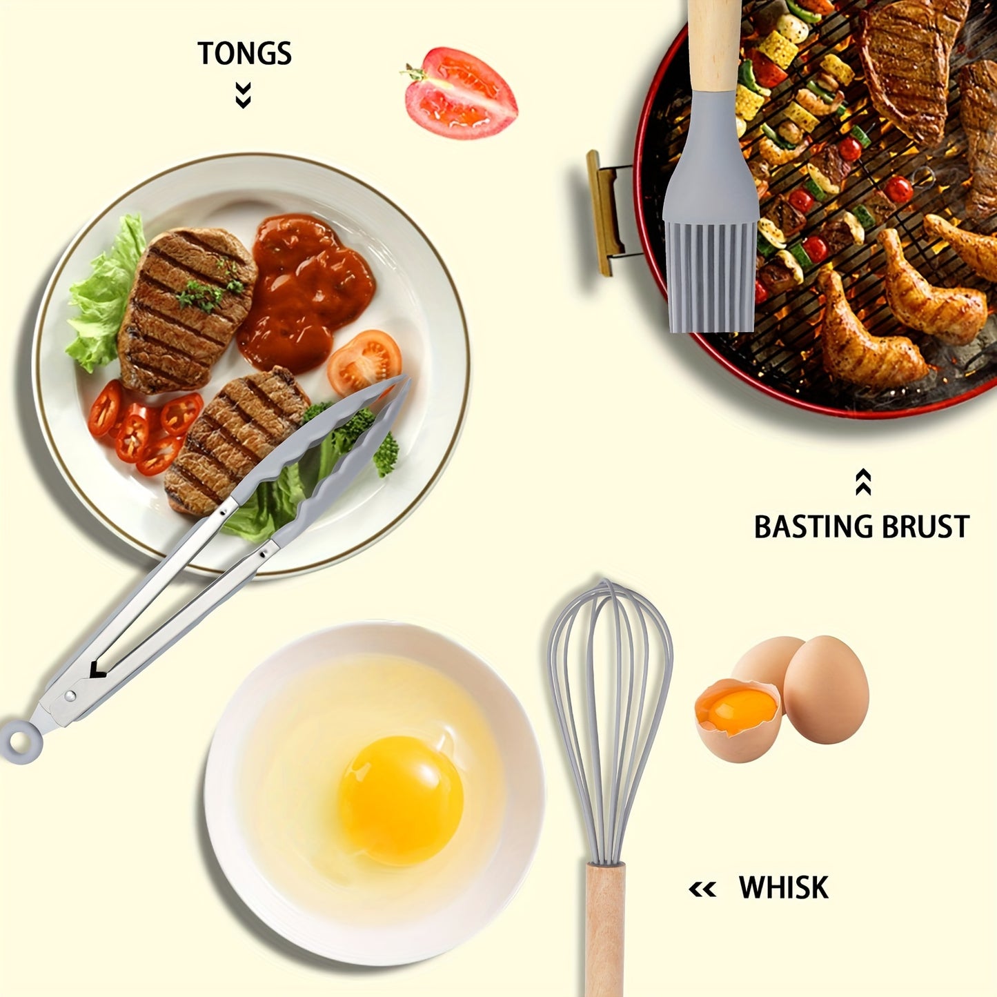 Kitchen Utensils Set- 46 pcs Cooking Utensils with Tongs, Spoon, Meat Chopper, Spatula & Opener Made of Heat-Resistant Food Grade Silicone and Wooden Handles Kitchen Gadgets Tools Set for Nonstick Cookware, With hooks