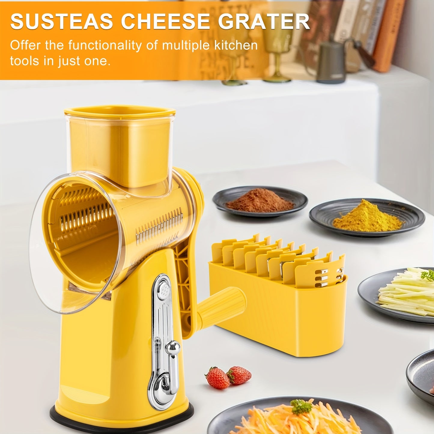 SUSTEAS Rotary Cheese Grater With Handle - Vegetable Shredder With 5 Well-designed Blades & Strong Suction Base, Round Mandoline Slicer & Food Chopper For Kitchen, With Blade Storage Box