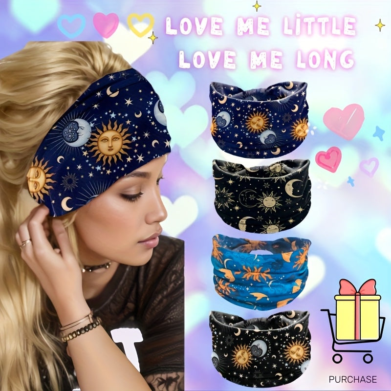 4pcs/Set Moon & Sun Pattern Sports Headband With Anti Slip Knotting, Valentine'S Day Gifts Wide & Soft Fashionable Bohemian Headbands-Elastic Yoga Hair Mask, Non Slip Headbands For Running Sports, Yoga Turban Hair Bands-Hair