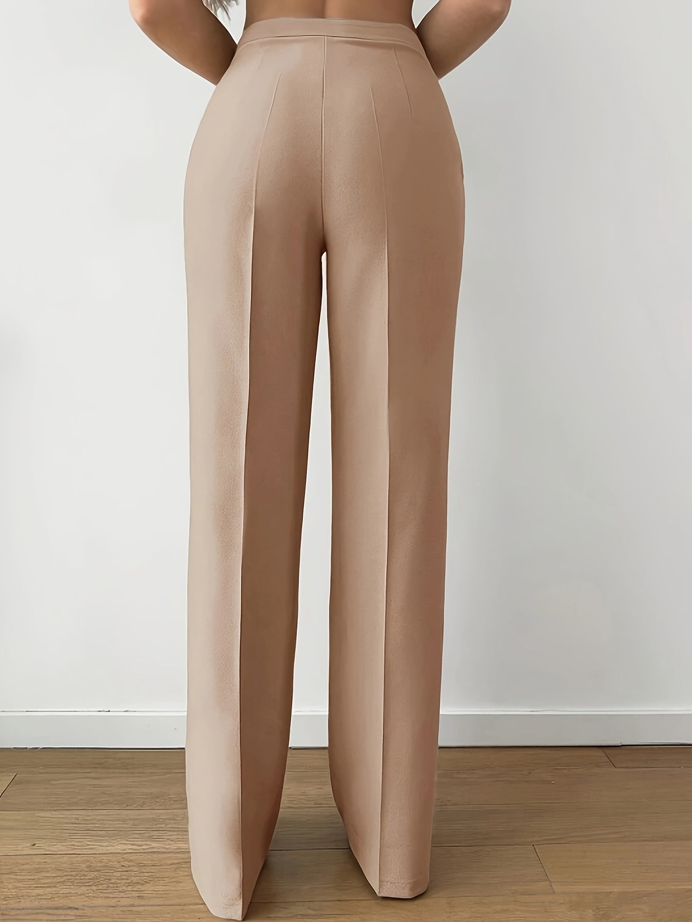 Women's Elegant Straight-Leg Trousers - High-Rise Beige Polyester Blend, Button Detail, Machine Washable, All-Season Office & Casual Wear, Casual Chic Pants | Button Detail Pants | Glossy Finish