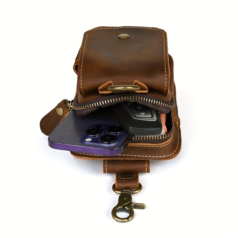Men's Vintage Crazy Horse Leather Waist Pack, Casual Genuine Top Layer Cowhide Belt Pouch, Daily Commute Multi-Functional 7" Mobile Phone Holder with No Print