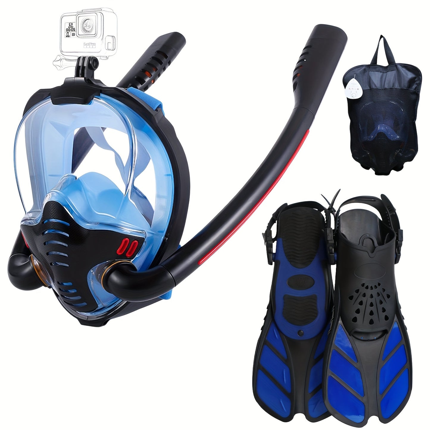 BOKEFA Adult Snorkel Mask & Fins Set - Adjustable Full Face, 180° Panoramic View, Anti-Fog, Leakproof Design with Enhanced Airflow & GoPro Mount, Comfortable Polycarbonate Gear for Men & Women, Snorkeling Gear for Adults