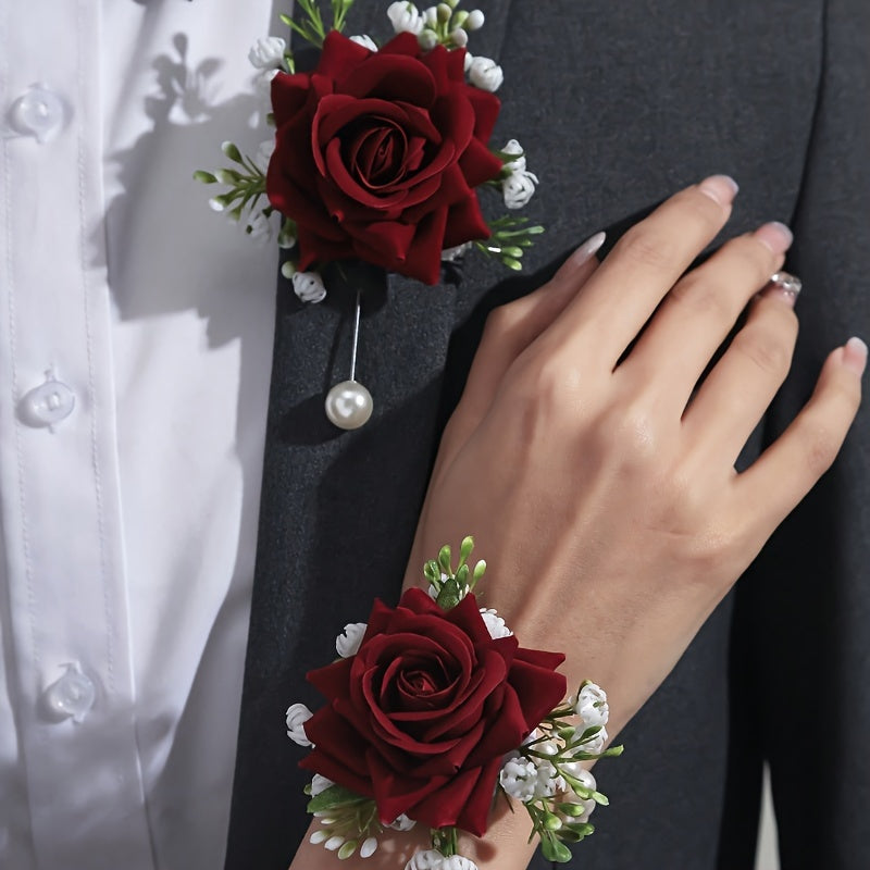 2pcs Elegant Rose Corsage and Wrist Flower Set in Polyester Fiber for School Events, Parties, Weddings Decorations