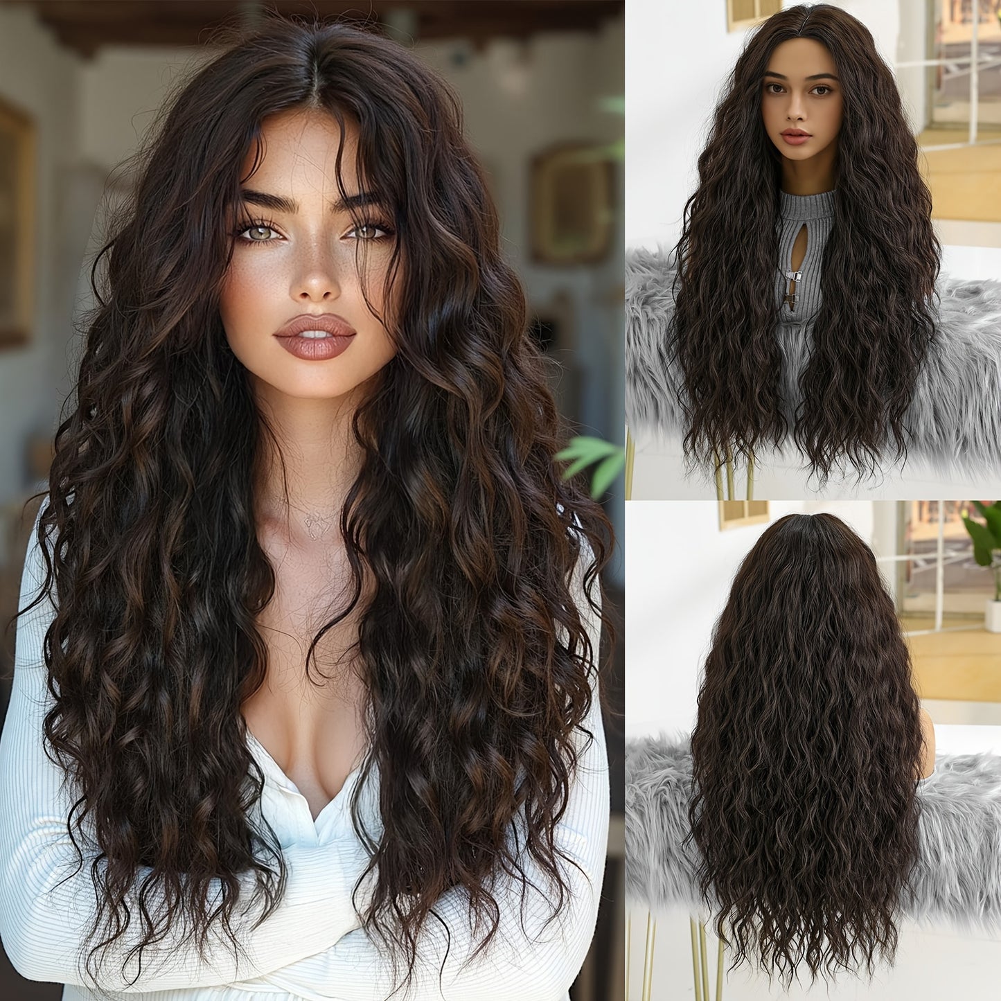 Women's Cold Brown Long Wavy Curly Wave Wig, 150% Density, Rose Net Cap, Tanglon Silk, Elegant Style, All Ethnicities, No Lace Full Top Hairpiece for Daily Wear