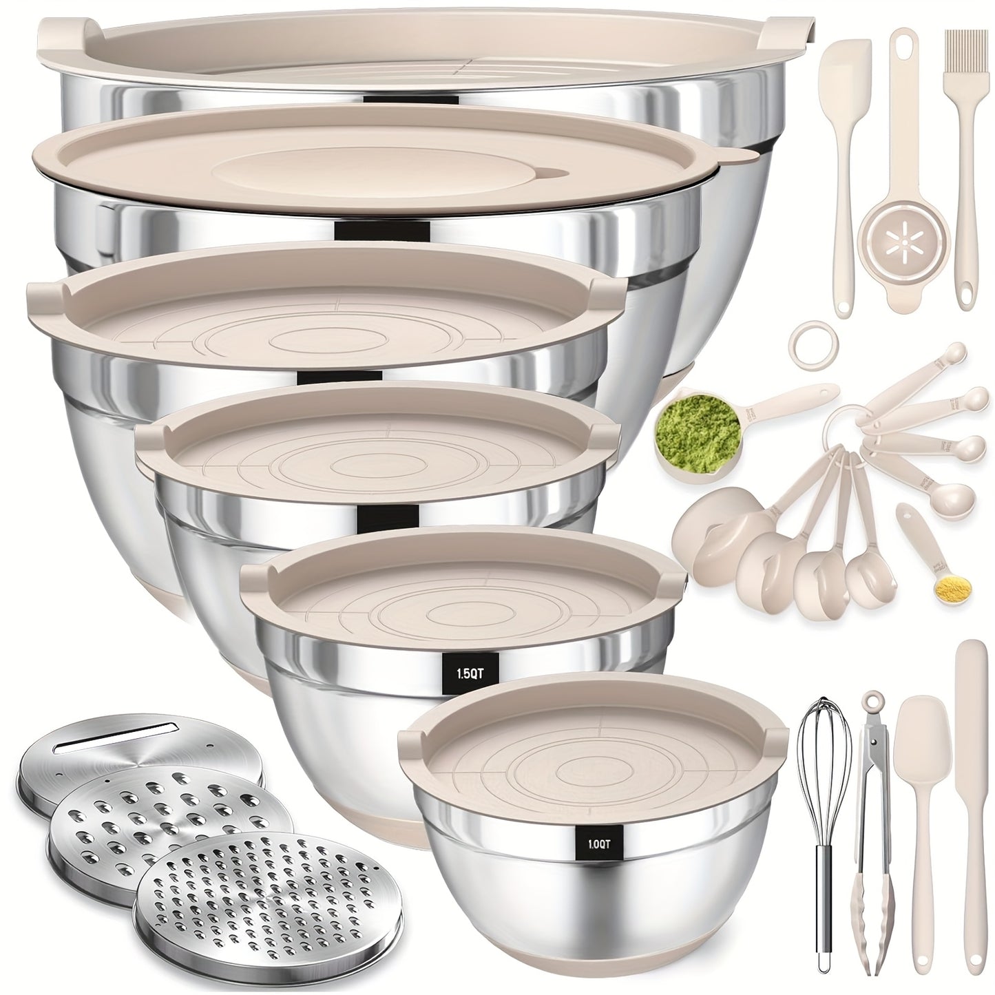 Mixing Bowls with Airtight Lids, 26pcs Stainless Steel Bowls Set 6 bowls & Lids + 20 kitchen tools, 3 Grater Attachments & Black Non-Slip Bottoms Size 7, 4, 2.5, 2.0, 1.5, 1QT, Great for Mixing & Serving