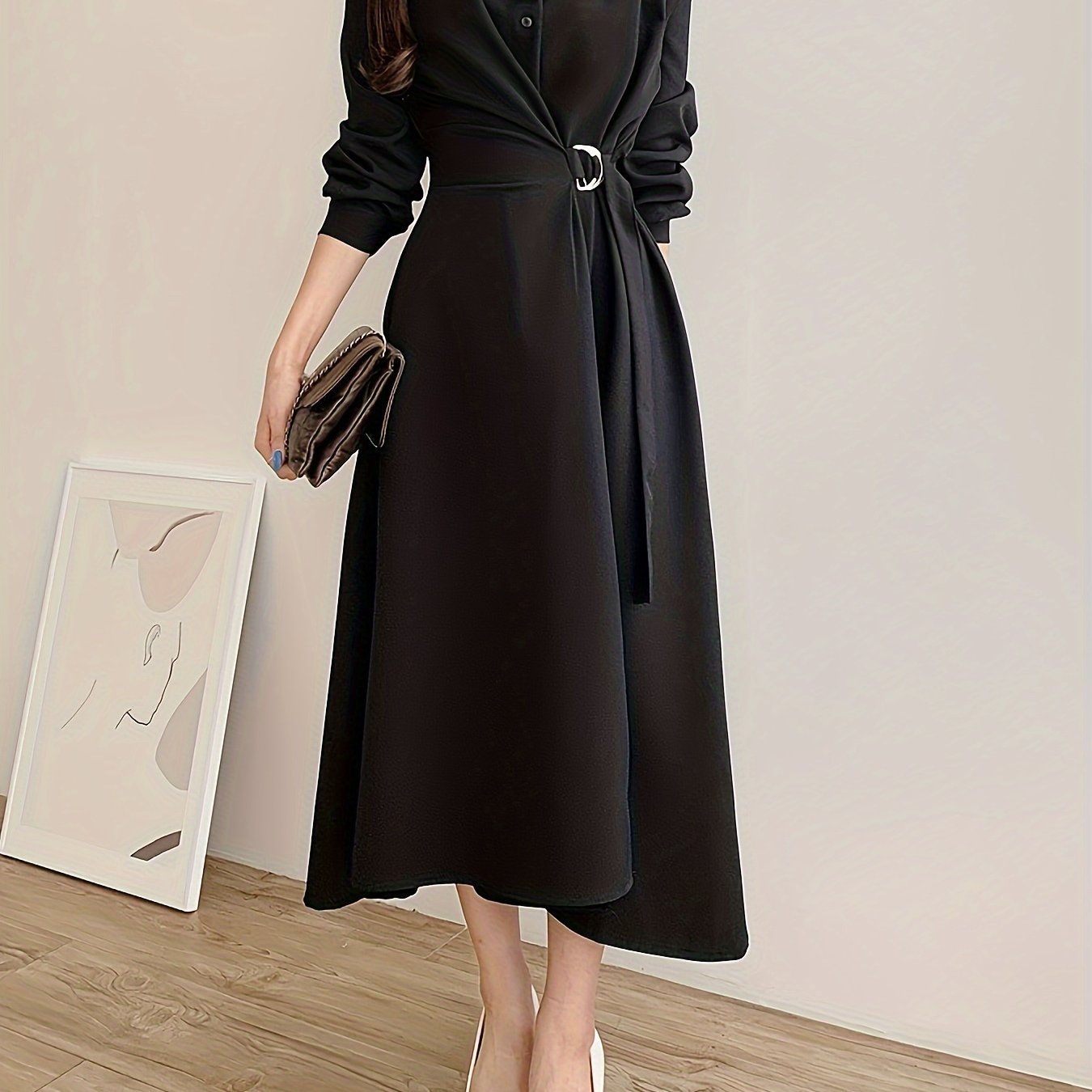 Elegant Black Midi Dress with Slimming Waist Tie - Chic Button-Up Collared Design, Long Sleeves, Polyester, Machine Washable - Perfect for Fashion-Forward Commuters, Everyday Fashion|Buttondown Dress|Polyester Dress