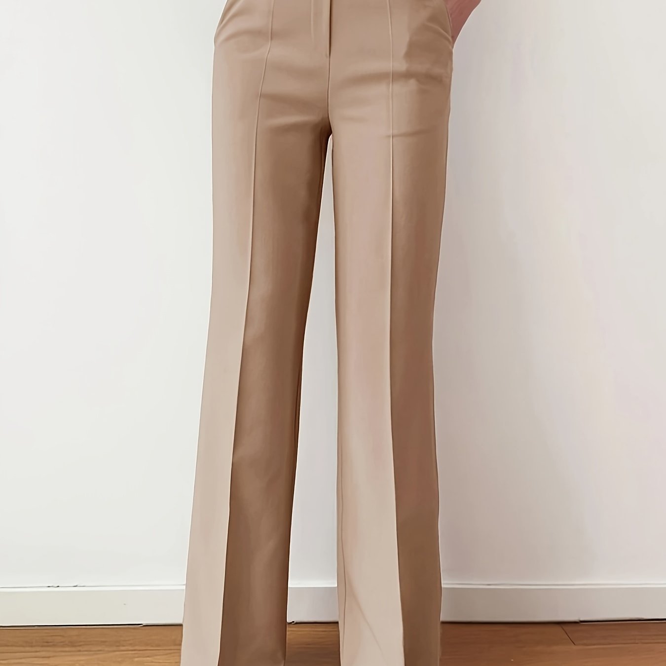 Women's Elegant Straight-Leg Trousers - High-Rise Beige Polyester Blend, Button Detail, Machine Washable, All-Season Office & Casual Wear, Casual Chic Pants | Button Detail Pants | Glossy Finish