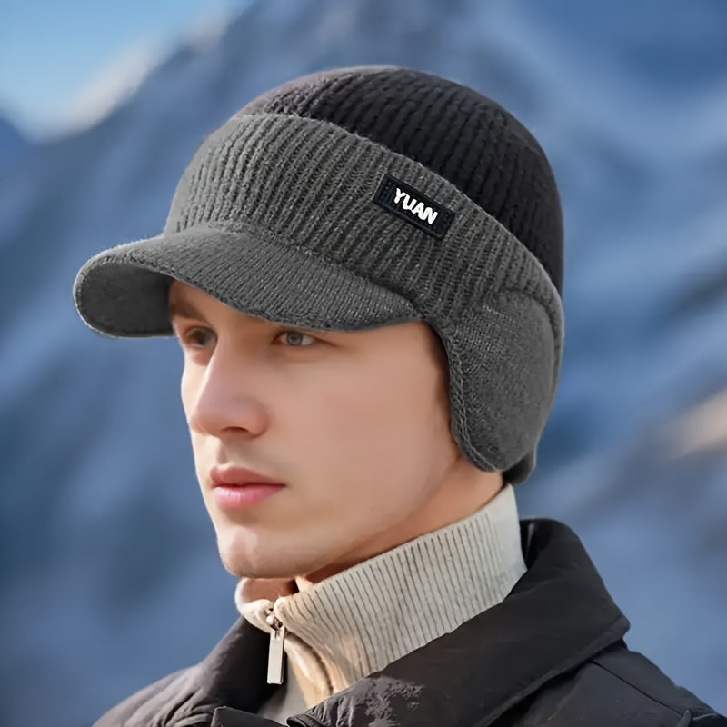 1pc YUAN Brand Men'S Winter Earflap Beanie Hat - 100% Acrylic Knit Warm Cycling Cap with Slight Stretch, Street Style Outdoor Riding Colorblock Hat