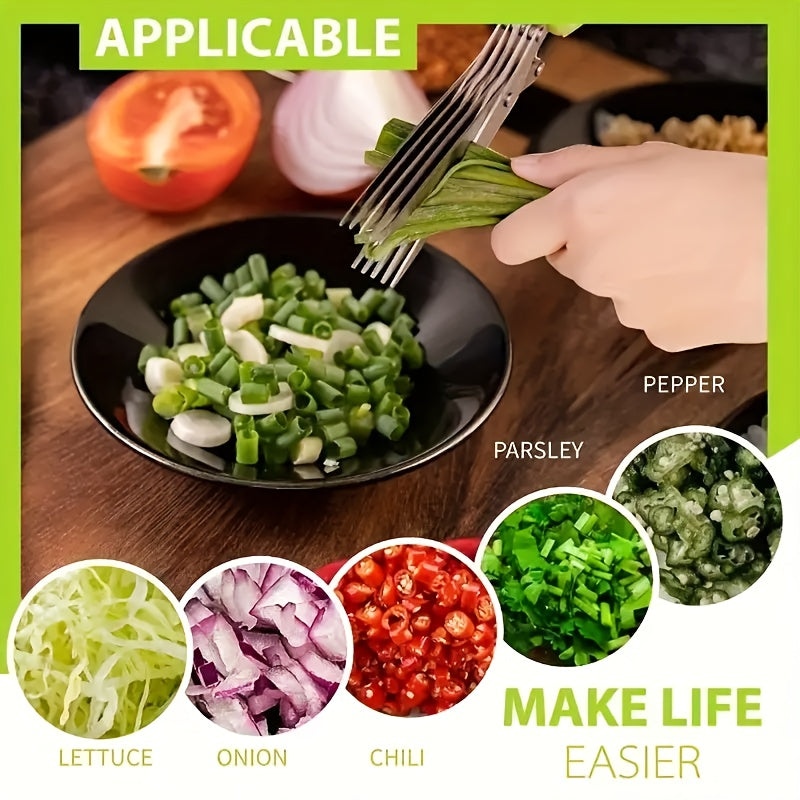 1/2pcs 5-Layered Stainless Steel Kitchen Scissors - Versatile Onion & Herb Shredder for BBQ & Indoor Use - Durable, Safe with Protective Cover & Built-in Cleaner
