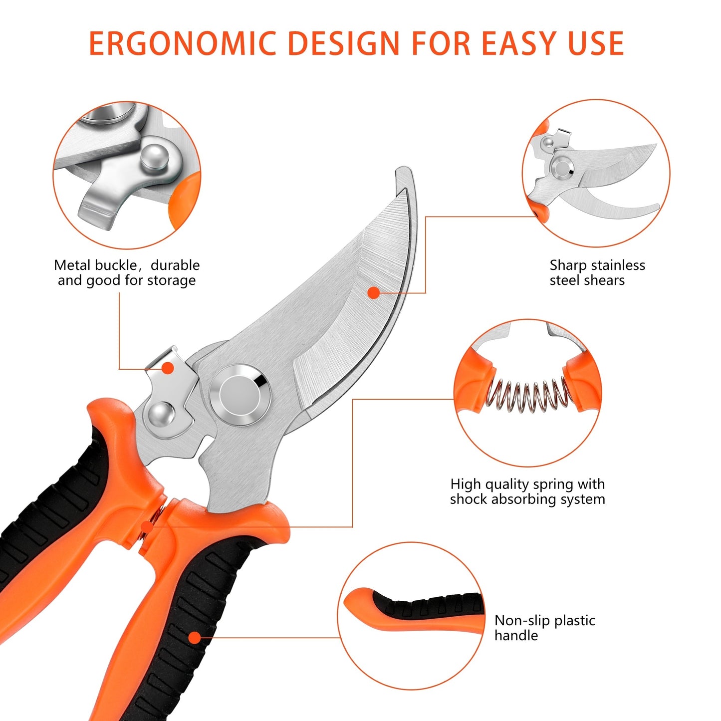 5 Packs, Garden Pruning Shears Stainless Steel Blades, Handheld Scissors Set With Gardening Gloves, Heavy Duty Garden Bypass Pruning Shears, Tree Trimmers Secateurs, Hand Pruner (Orange), Soft Cushion Grip Handle Clippers For
