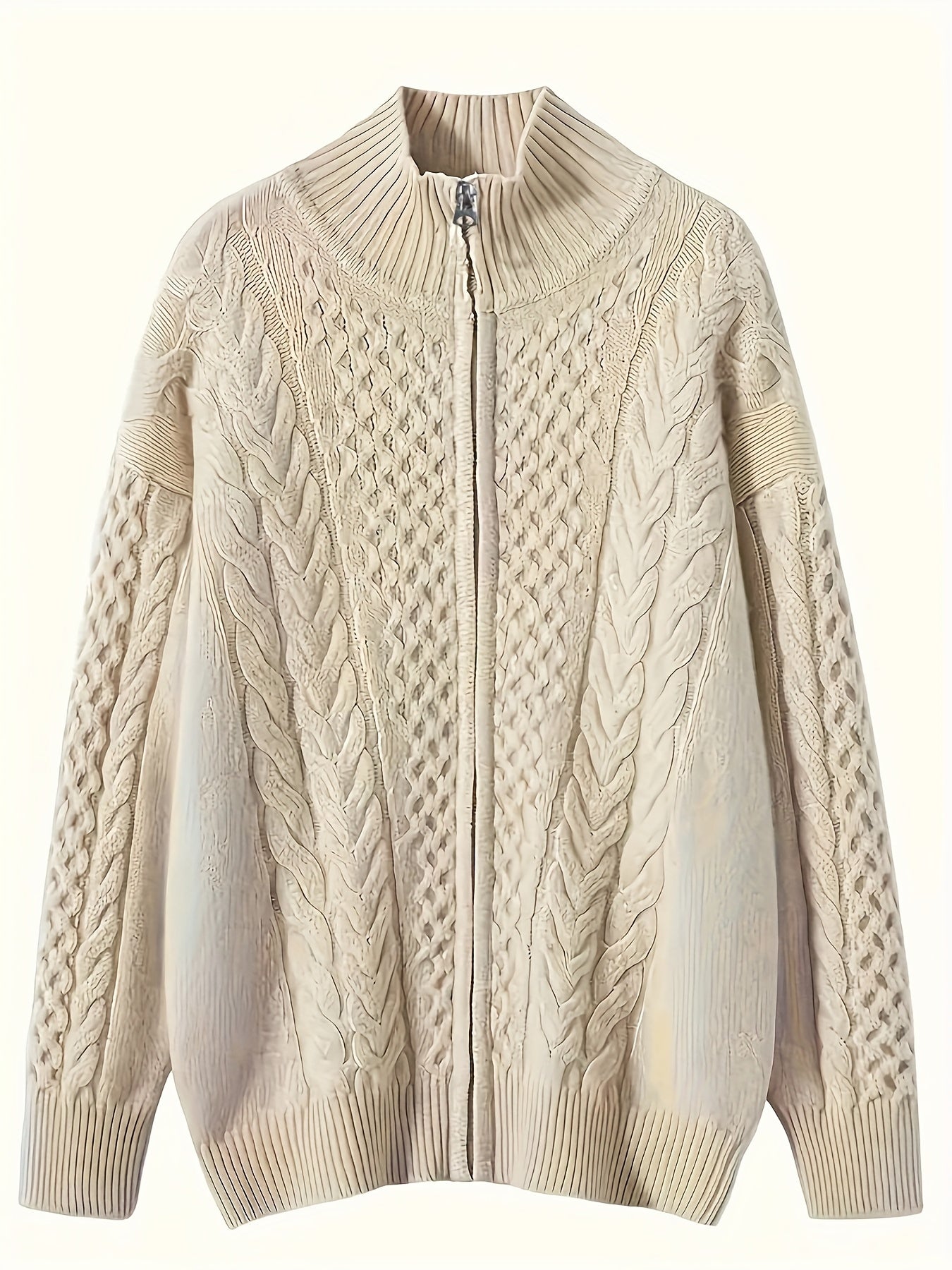 Plus Size Twist Textured Cardigan, Casual Long Sleeve Zipper Cardigan, Women's Plus Size Clothing