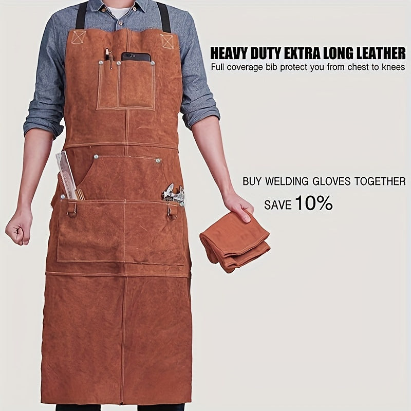 Leather Welding Work Shop Apron With 6 Pockets Heat Flame Resistant Cowhide Welder Apron Heavy Duty Blacksmith Aprons Adjustable For Welders Men Women