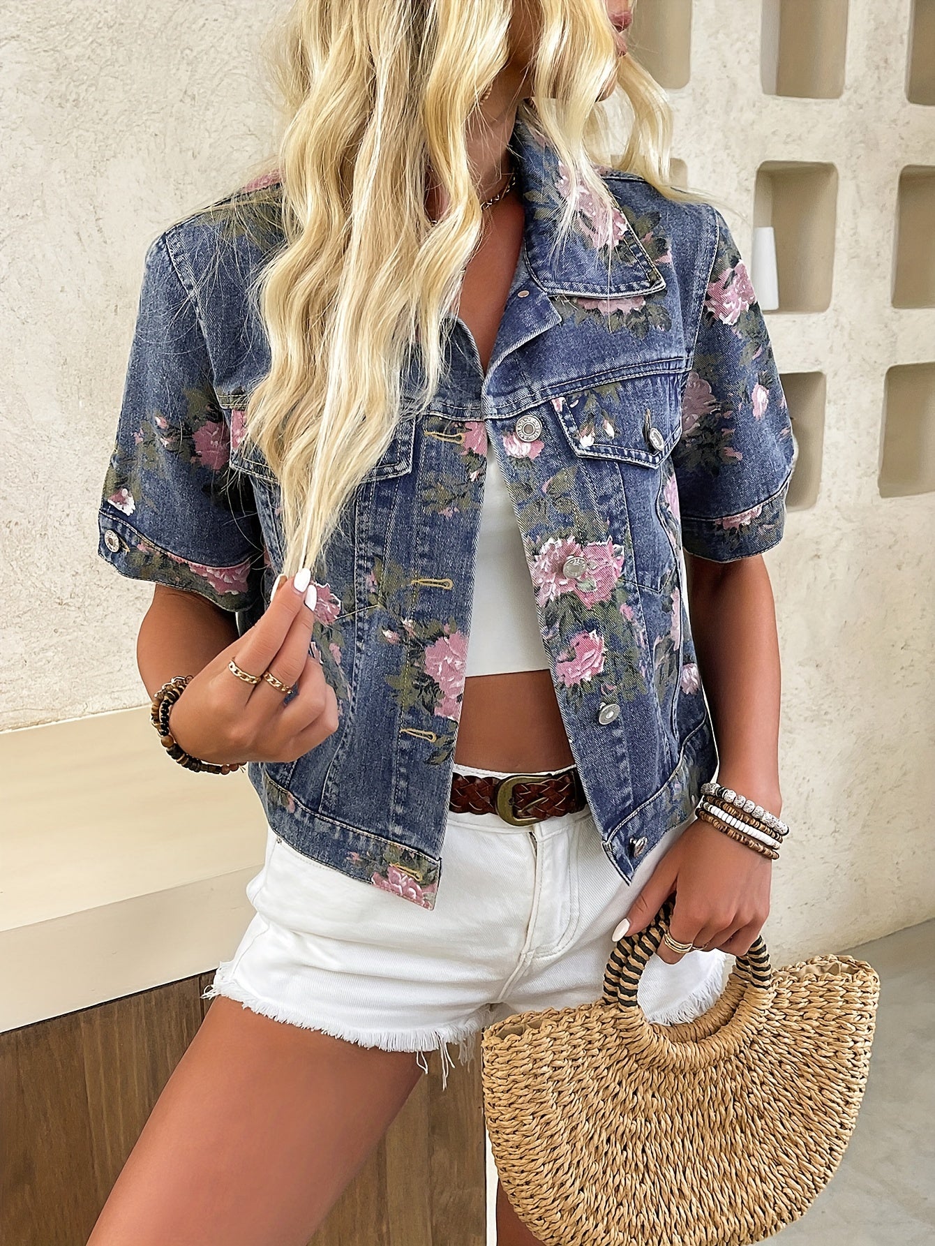 Print Denim Jacket for Women - Short Sleeve, Button-Up, Non-Stretch Fabric, Machine Washable - Perfect for Spring/Summer
