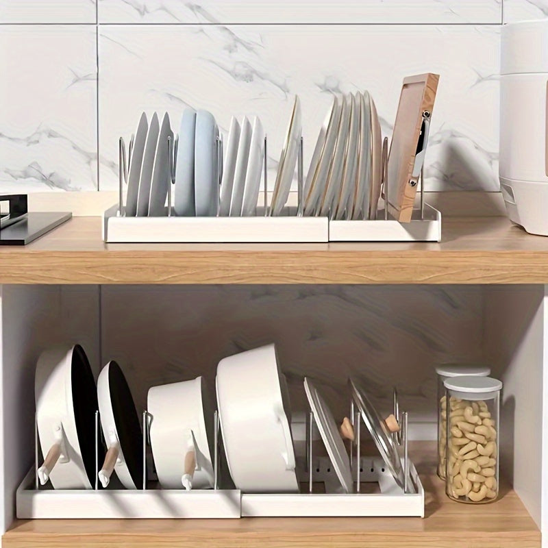 Pots And Pans Organizer, Adjustable Bakeware Organizer Pot Lid Holder Rack, Expandable Kitchen Organizer Rack Holder With Dividers - Under Cabinet Storage For Pots, Pans, Lids, Bakeware (White)