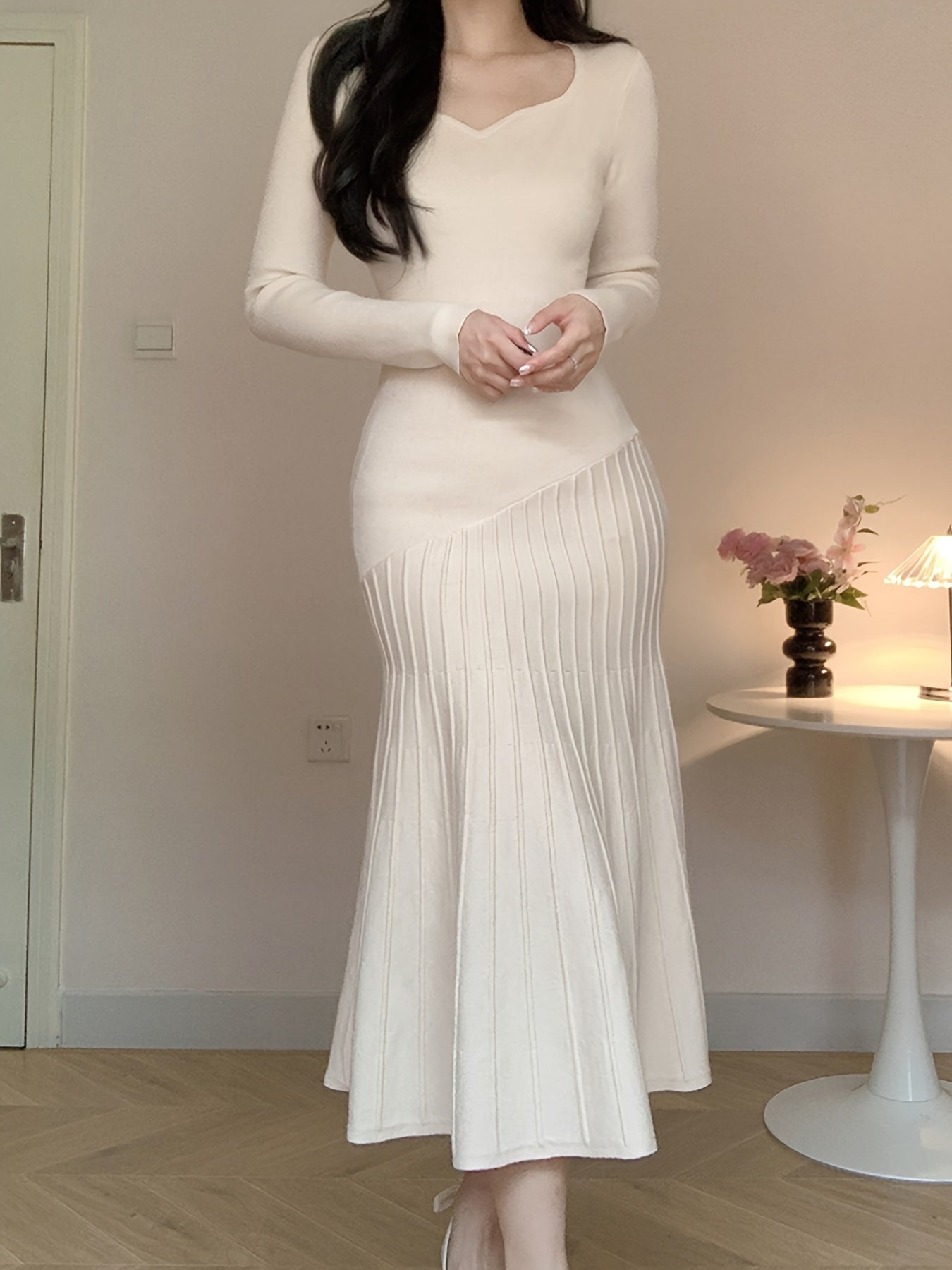 Long Sleeve V-Neck Knit Dress, Polyester, Polyamide, Viscose Blend, Middle Eastern Style, Autumn/Winter, Floor-Length, A-Line, Hand Wash Or Dry Clean