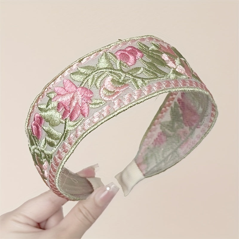 Elegant Boho Embroidered Floral Headband Set - Wide, Vintage-Inspired Hairbands for Women