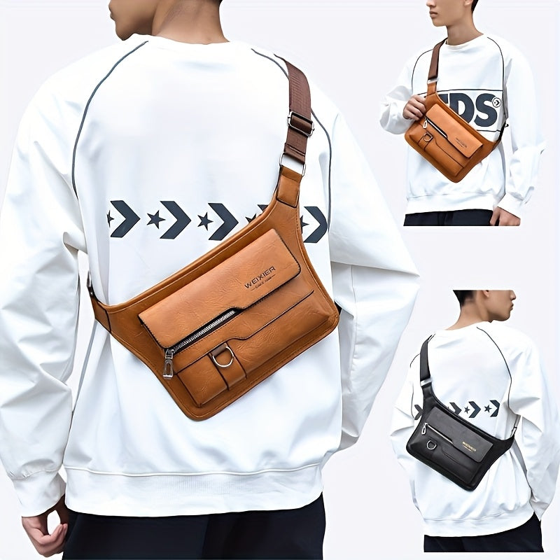 1pc Men's Vintage PU Leather Crossbody Bag - Large Capacity High Quality Chest Bag with Magnetic Closure, Multi-Compartment Design & Adjustable Strap (31.5inch) for Daily Commute, Casual Outings, Versatile Travel Pouch | Styl