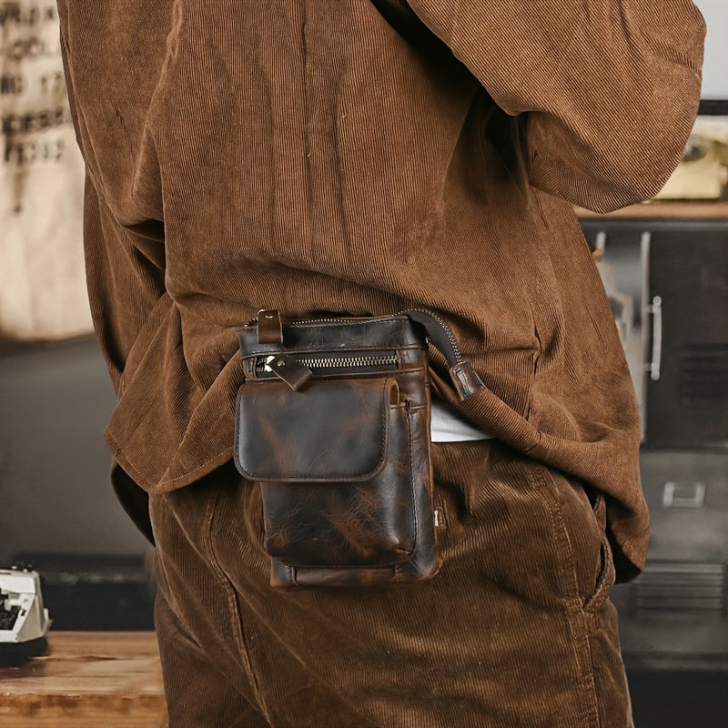 Genuine Leather Crossbody Bag, Casual Retro Style, Multi-Functional Outdoor Purse with 7-inch Mobile Phone Pocket, Hook Wear Belt, Uncharged - Ideal for Going Out