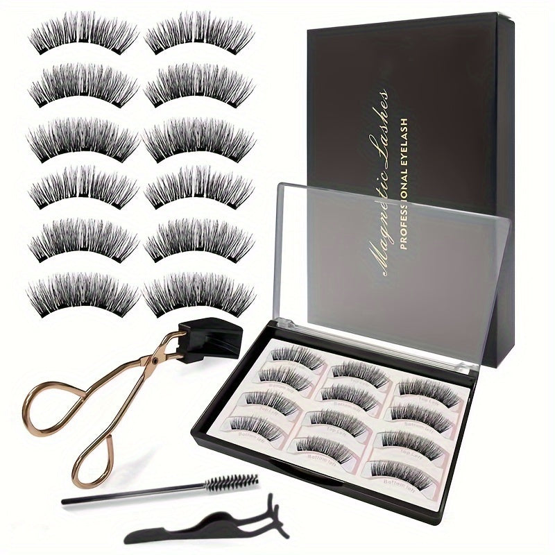 3 Styles of Magnetic False Eyelashes, 12pcs, Tweezers + Brush, Magnetic False Eyelashes Natural Set for Beginners