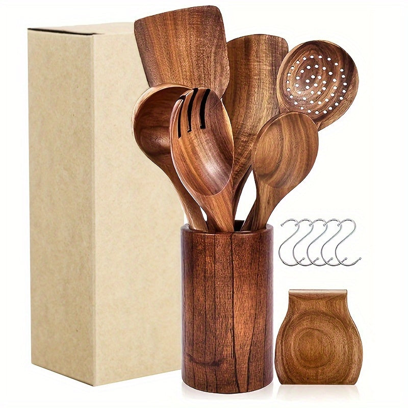 Wooden Spoons for Cooking Wooden Utensils for Cooking Set with Hold Spoon Rest and Hooks Teak Wood Nonstick Kitchen Cookware Durable Set of 8pcs