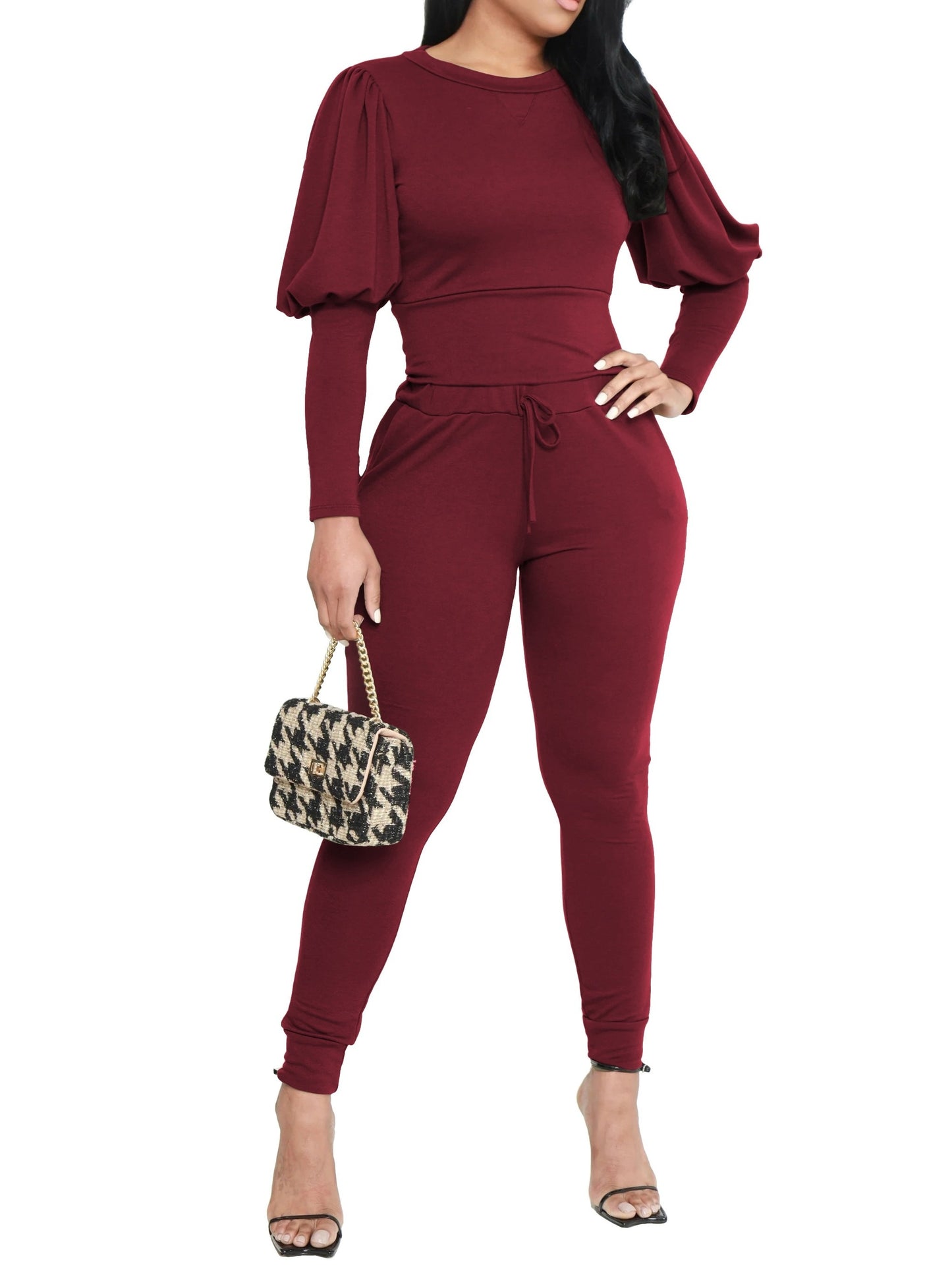 3370 Women's Two-Piece Set with Fluffy Sleeve Top and Jogging Pants, Fashionable Sporty Outfit