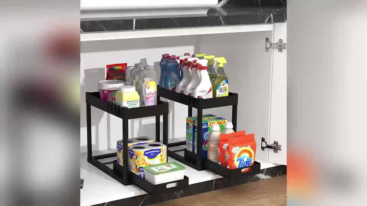 Under Sink Organizer 2 Pack, Kitchen Cabinet Organizer, 2 Tier Sliding Cabinet Basket Organizer Drawer, Multi-Purpose Bath Collection Baskets for Kitchen Under Counter Storage Organizer with 8 Hooks