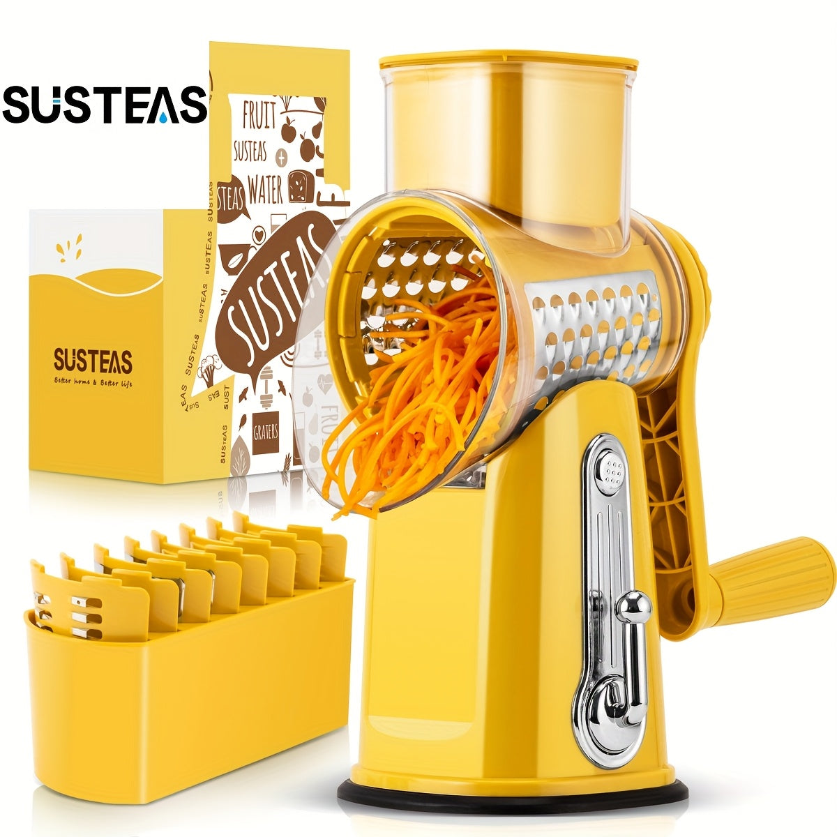SUSTEAS Rotary Cheese Grater With Handle - Vegetable Shredder With 5 Well-designed Blades & Strong Suction Base, Round Mandoline Slicer & Food Chopper For Kitchen, With Blade Storage Box