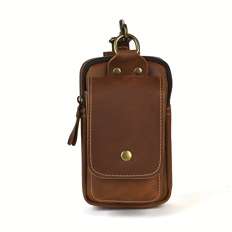 Men's Vintage Crazy Horse Leather Waist Pack, Casual Genuine Top Layer Cowhide Belt Pouch, Daily Commute Multi-Functional 7" Mobile Phone Holder with No Print