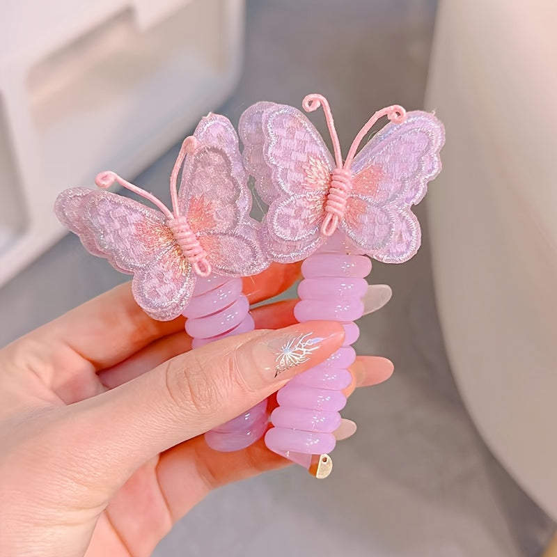 2 Cute Three-Dimensional Butterfly Phone Line Hair Rings, Suitable for Girls, High Elasticity Phone Line Hair Rings, Mixed Color Resin And Embroidered Butterfly Headpieces, Suitable for Daily And Casual Wear, Suitable for All