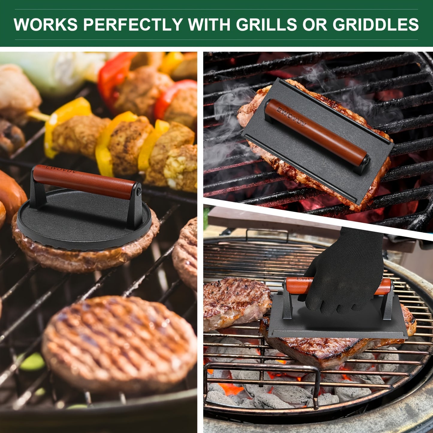 2pcs Burger Press, 7" Round & 8.2"X4.3" Rectangle Heavy-Duty Cast Iron Smash Press Meat Steak With Wood Handle For Griddle, Sandwich, Nonstick Pan