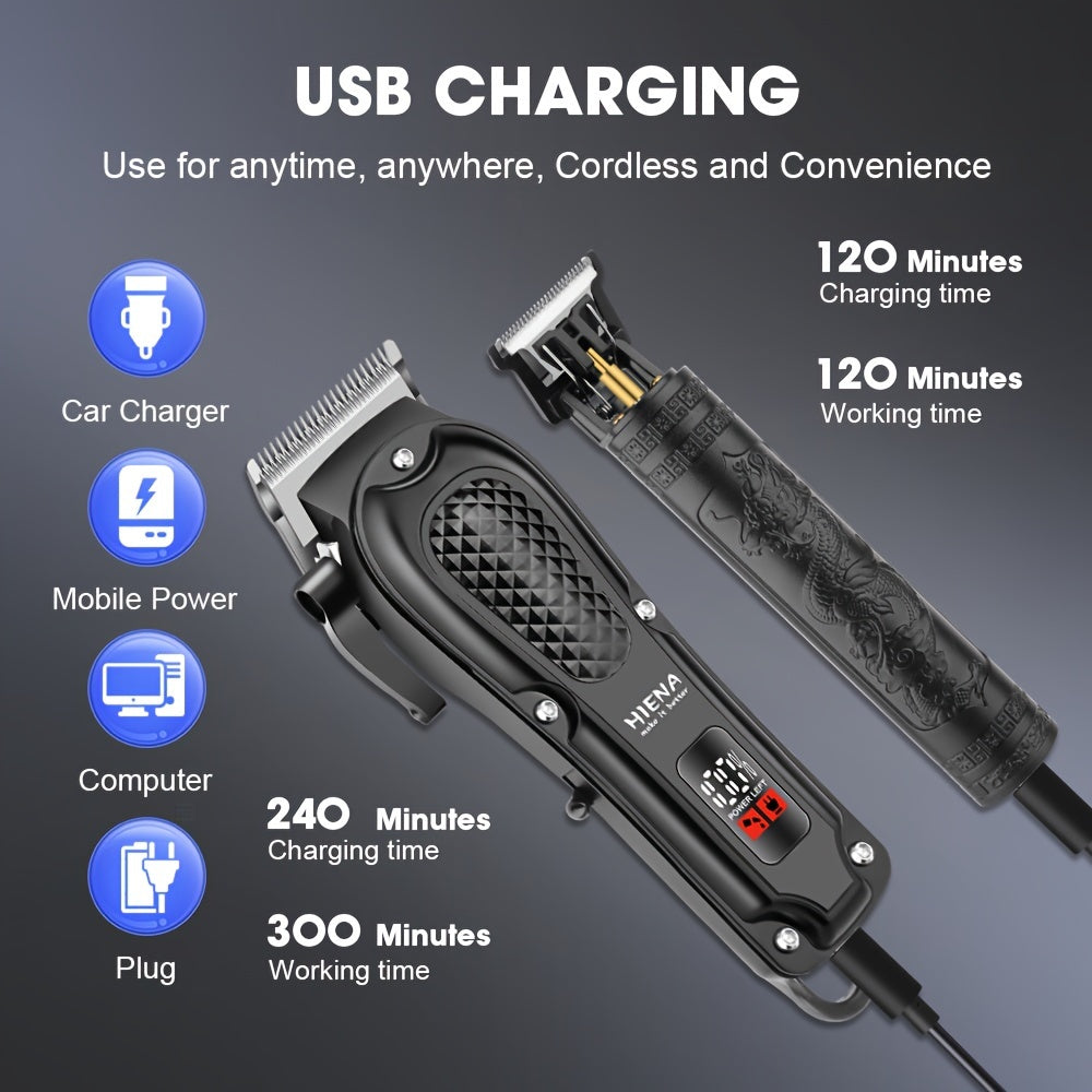 2pcs HIENA Professional Hair Clippers for Men, Cordless USB Rechargeable Lithium Battery, ABS Body, Digital Display, Carved Design, with 1200mAh Battery, for Ideal Gift for Father