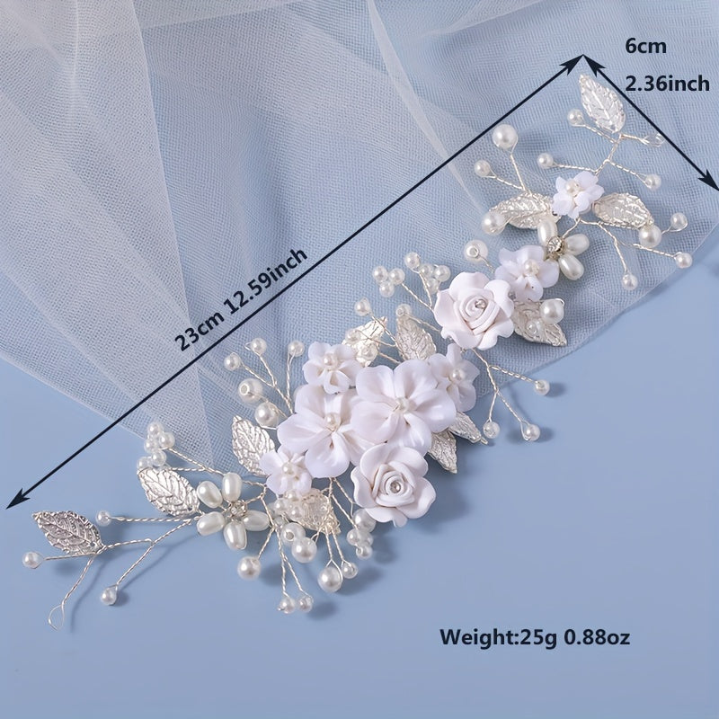 1Pc Flower Bride Wedding Hair Vine Pearl Bridal Hair Piece Leaf Hair Accessories Rhinestone Headband For Women And Girls