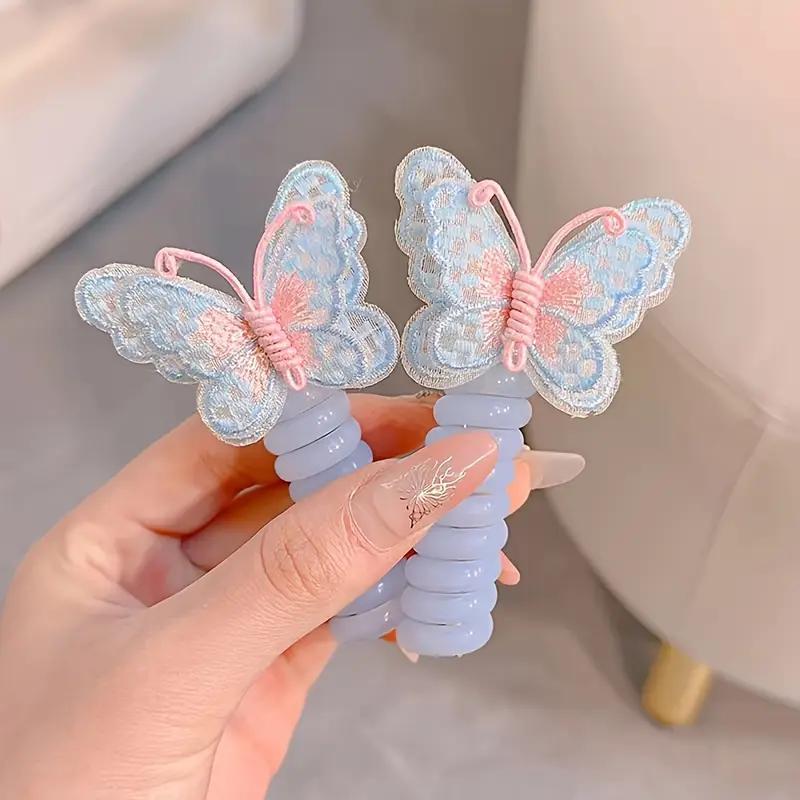2 Cute Three-Dimensional Butterfly Phone Line Hair Rings, Suitable for Girls, High Elasticity Phone Line Hair Rings, Mixed Color Resin And Embroidered Butterfly Headpieces, Suitable for Daily And Casual Wear, Suitable for All