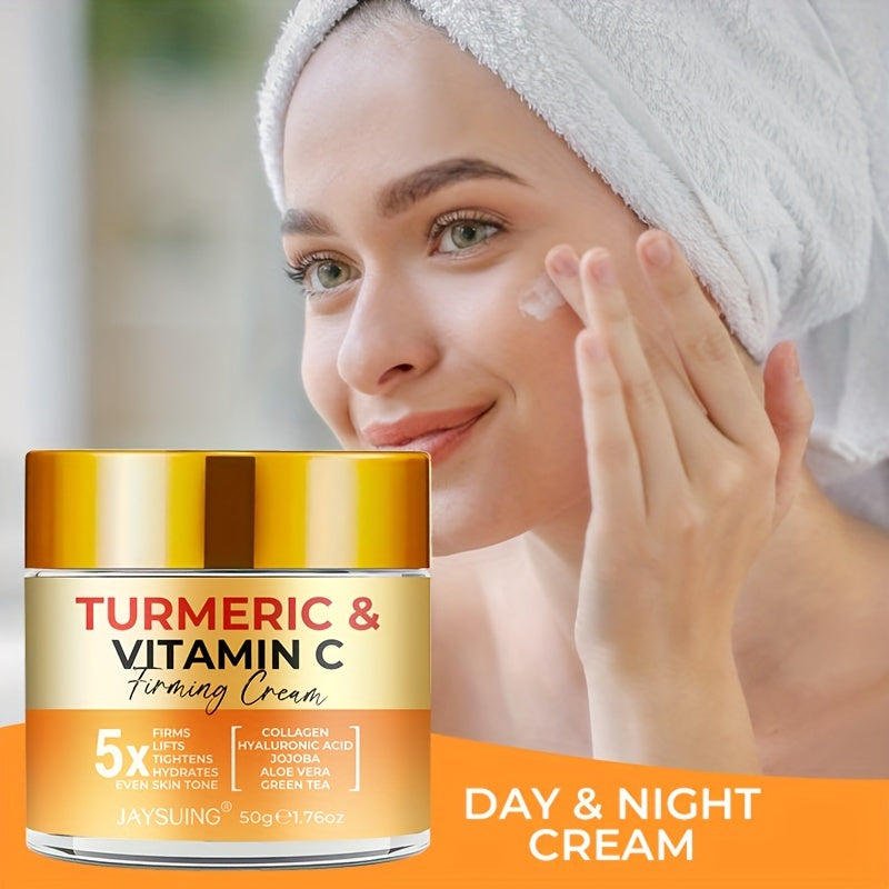JAYSUING Turmeric & Vitamin C Firming Moisturizer Cream - Unisex Adult, All Skin Types, Hydrating & Tightening, Jojoba Oil Infused, Collagen & Aloe Vera Enriched, Soothes & Smoothes Skin, 50g
