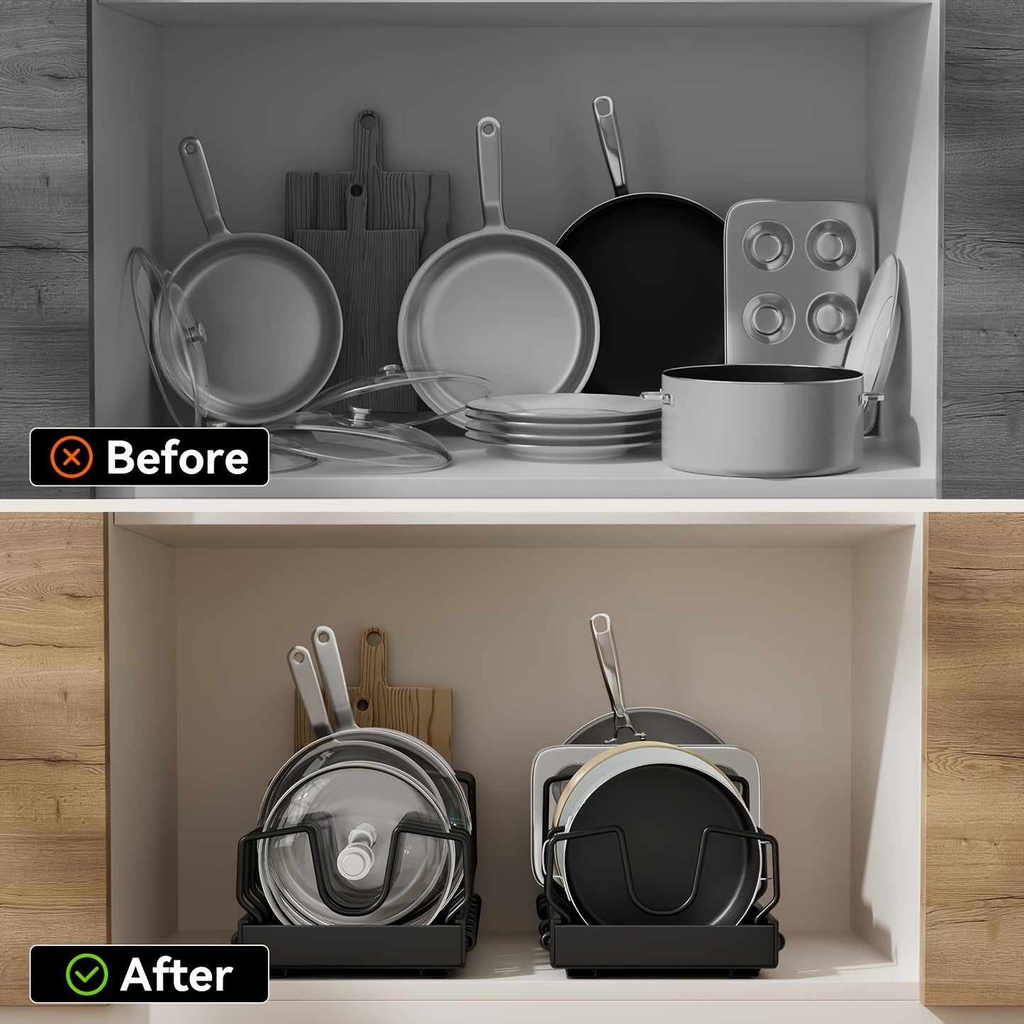 Pull Out Pot Lids Organizer Rack, 2pcs Pots And Pans Organizer for Under Cabinet, Pot Lid Holder with 8 Adjustable Compartment for Kitchen Cabinet Cookware Baking